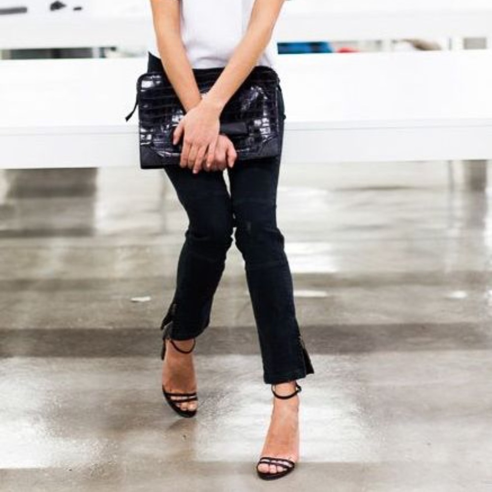 Emerson Fry Black Leather Thin Stripe Block Heel Ankle Strap Sandals